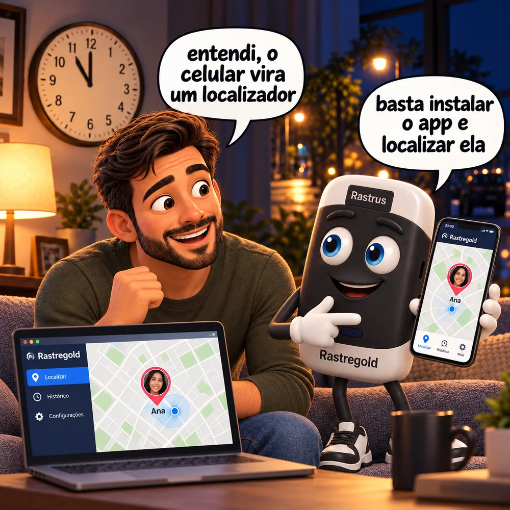 Rastrus mostrando a localização da pessoa no celular e no computador