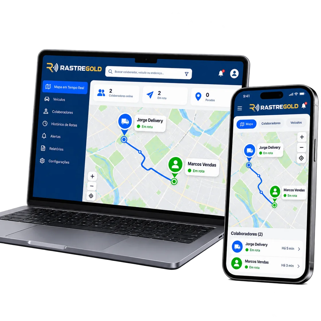 Painel Web Rastregold no computador e app no celular com a equipe no mapa