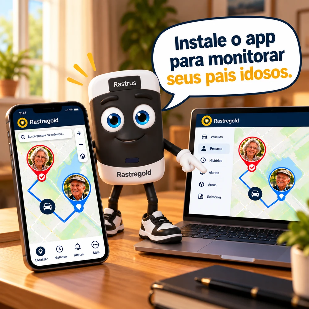 Rastrus apresentando o app no celular e no computador
