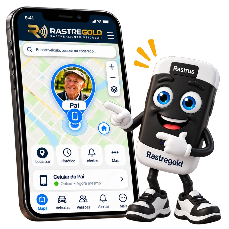 Mascote Rastrus apontando para o app